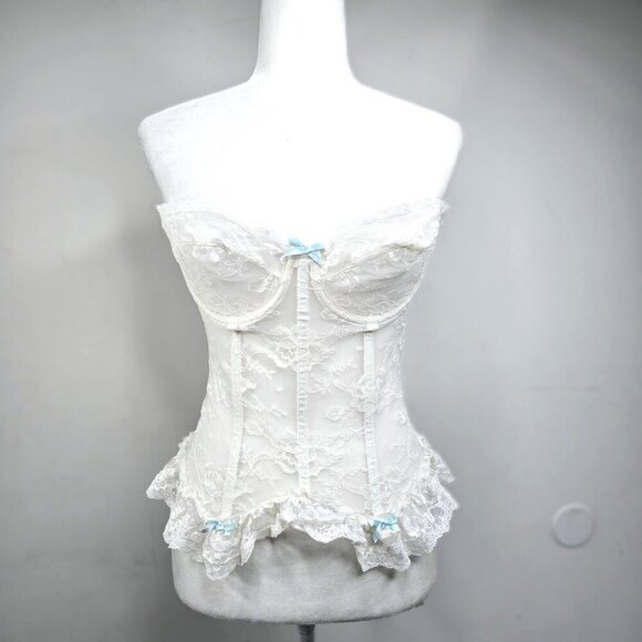 Vintage 80s Victorian White Boned Lace Unlined Corset Bustier Coquette Lingerie - Picture 1 of 11